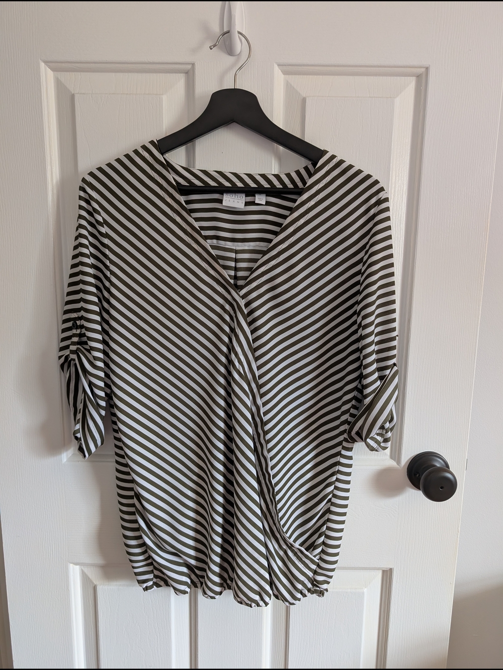 New York & Co Soho Women's Olive and White Striped V-Neck Blouse Medium